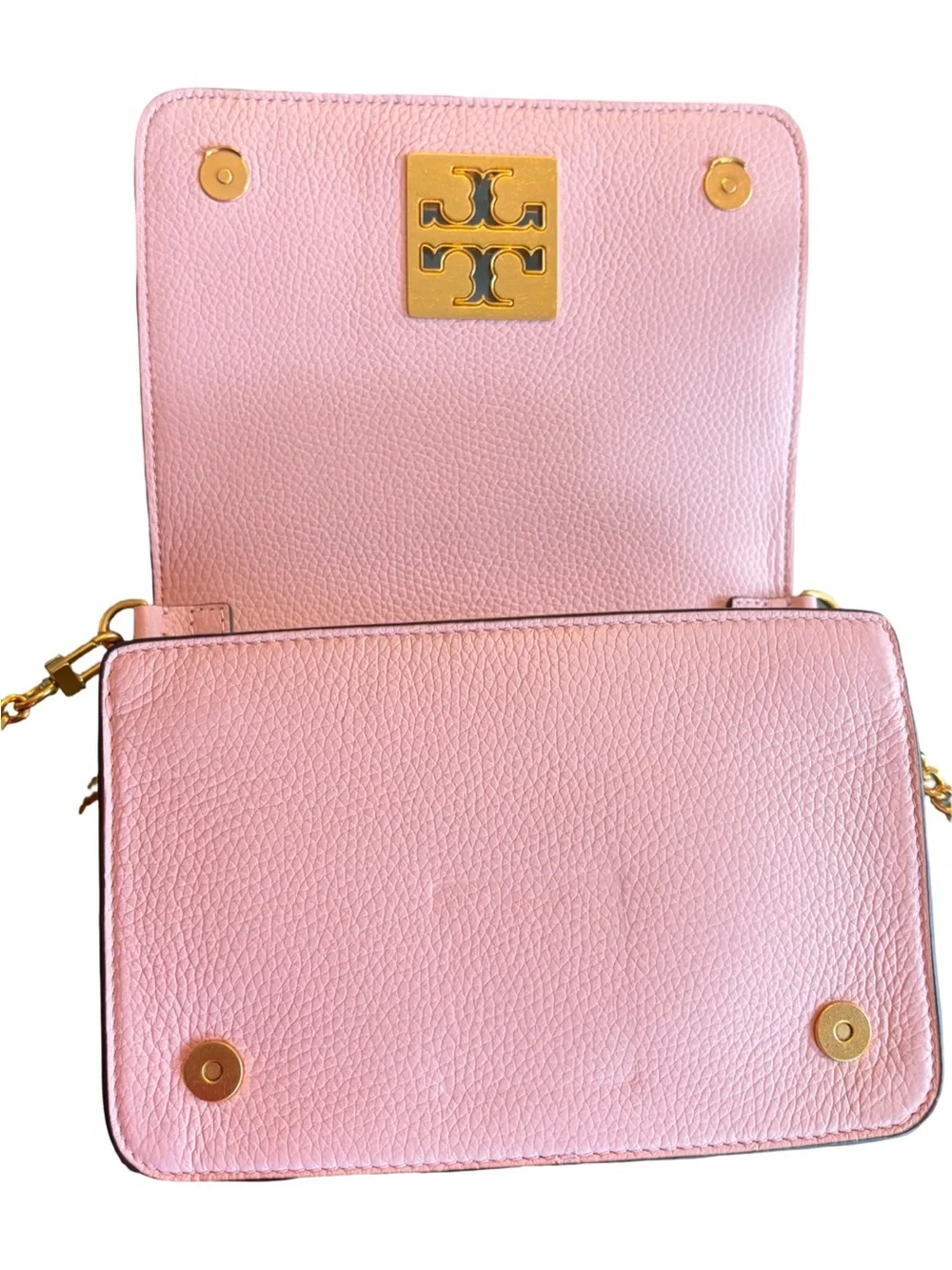 Tory Burch Britten Convertible Leather Shoulder Bag Crossbody Pink Big Gold Logo